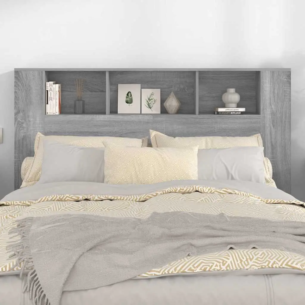 Headboard Cabinet Grey Wall-Mounted Bedroom Furniture with Five Storage Compartments