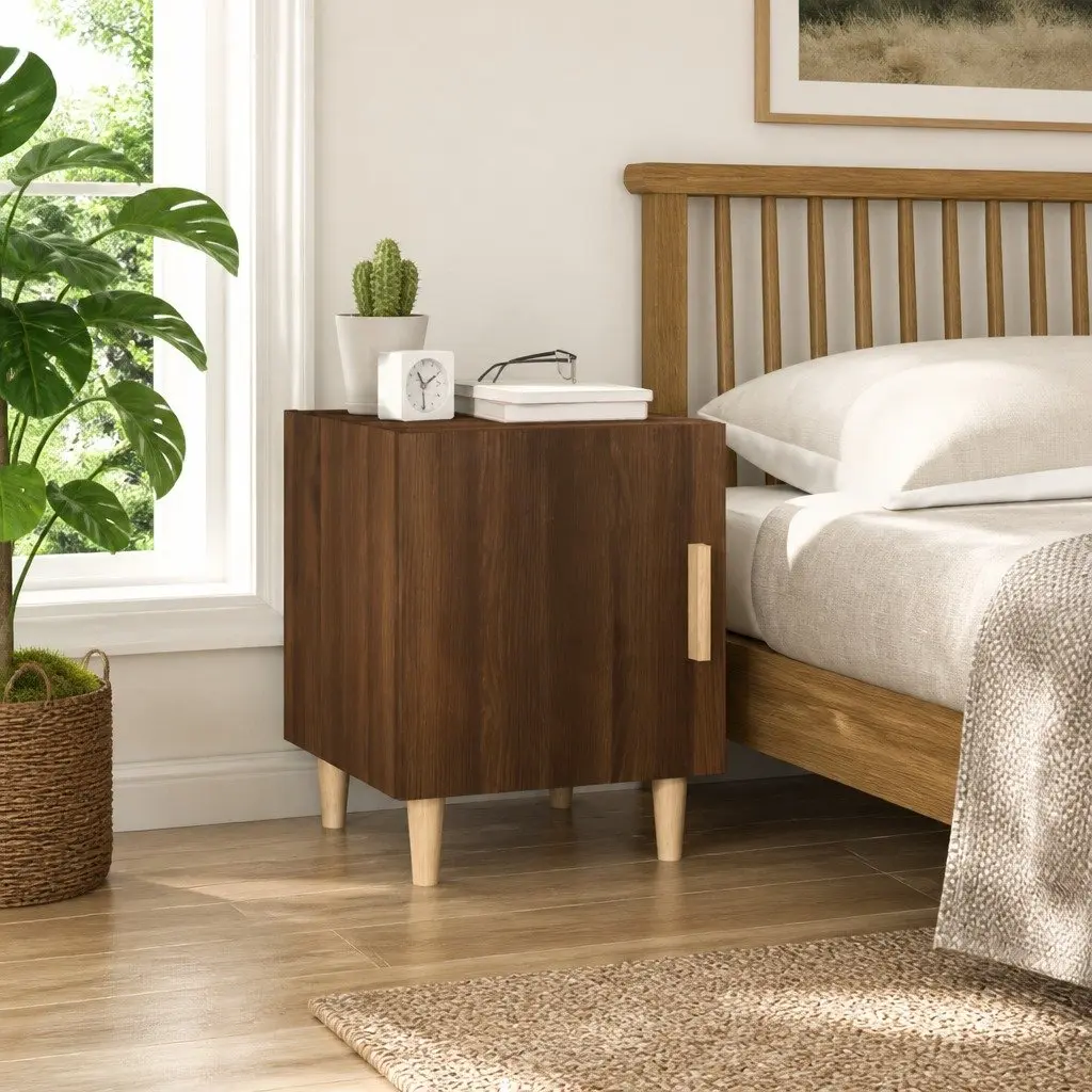 Bedside Cabinet Brown Engineered Wood Storage Door Nightstand Table