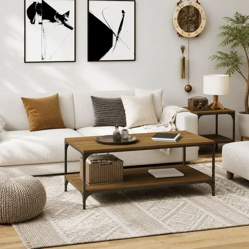 Coffee Table 80x50x40 cm Brown Oak Engineered Wood Top Steel Frame with Storage