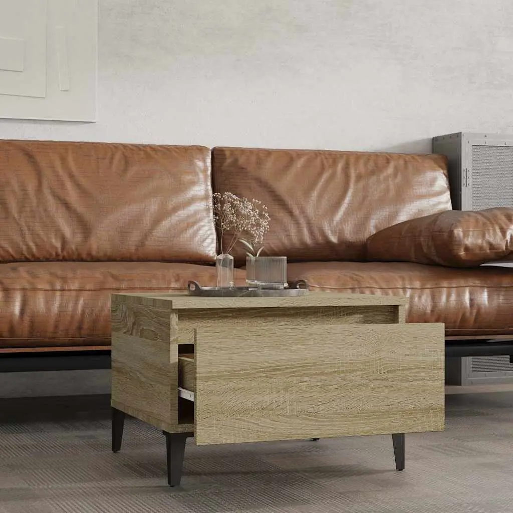 Brown Engineered Wood Side Tables 2 Piece with Drawer Storage and Metal Feet
