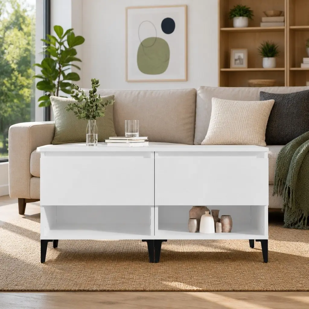 White Engineered Wood Side Tables 2 Piece with Storage Drawer and Metal Feet