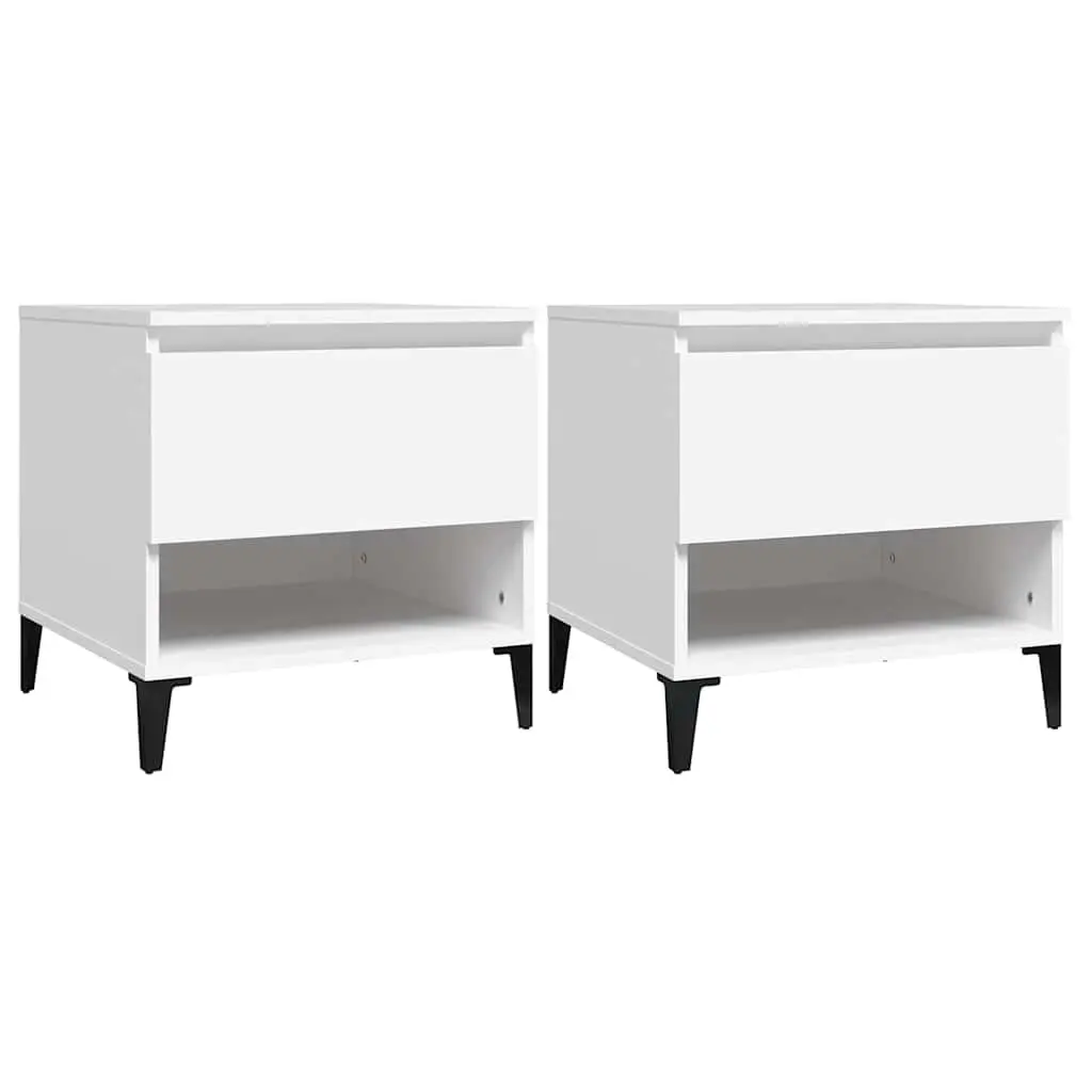 White Engineered Wood Side Tables 2 Piece with Storage Drawer and Metal Feet