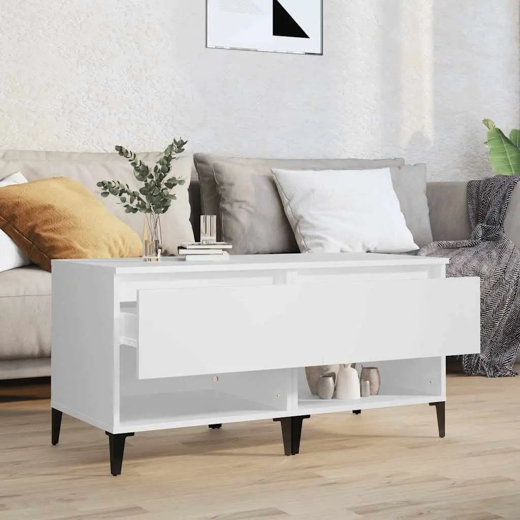 White Engineered Wood Side Tables 2 Piece with Storage Drawer and Metal Feet