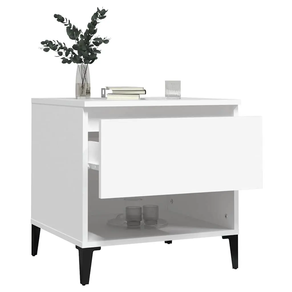 White Engineered Wood Side Tables 2 Piece with Storage Drawer and Metal Feet