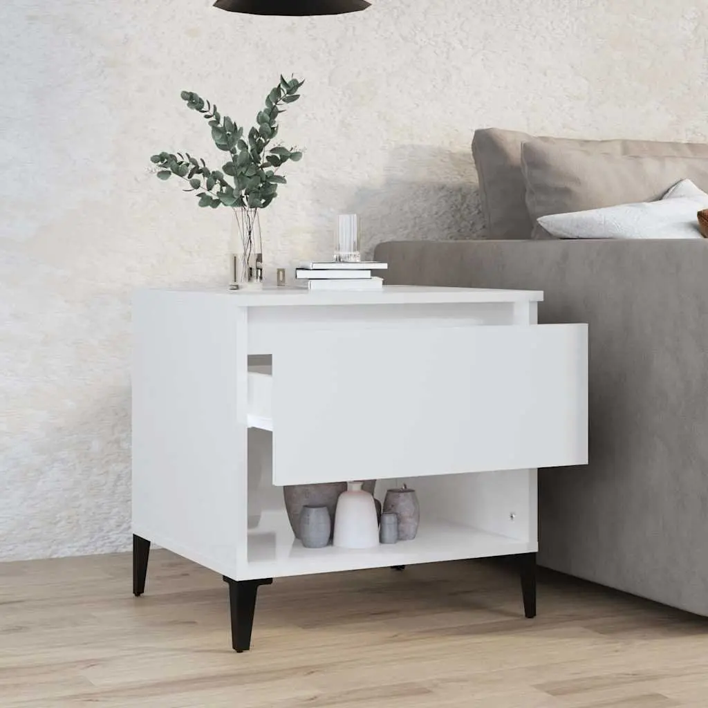 End Table White High Gloss Engineered Wood Storage Drawer Compartment