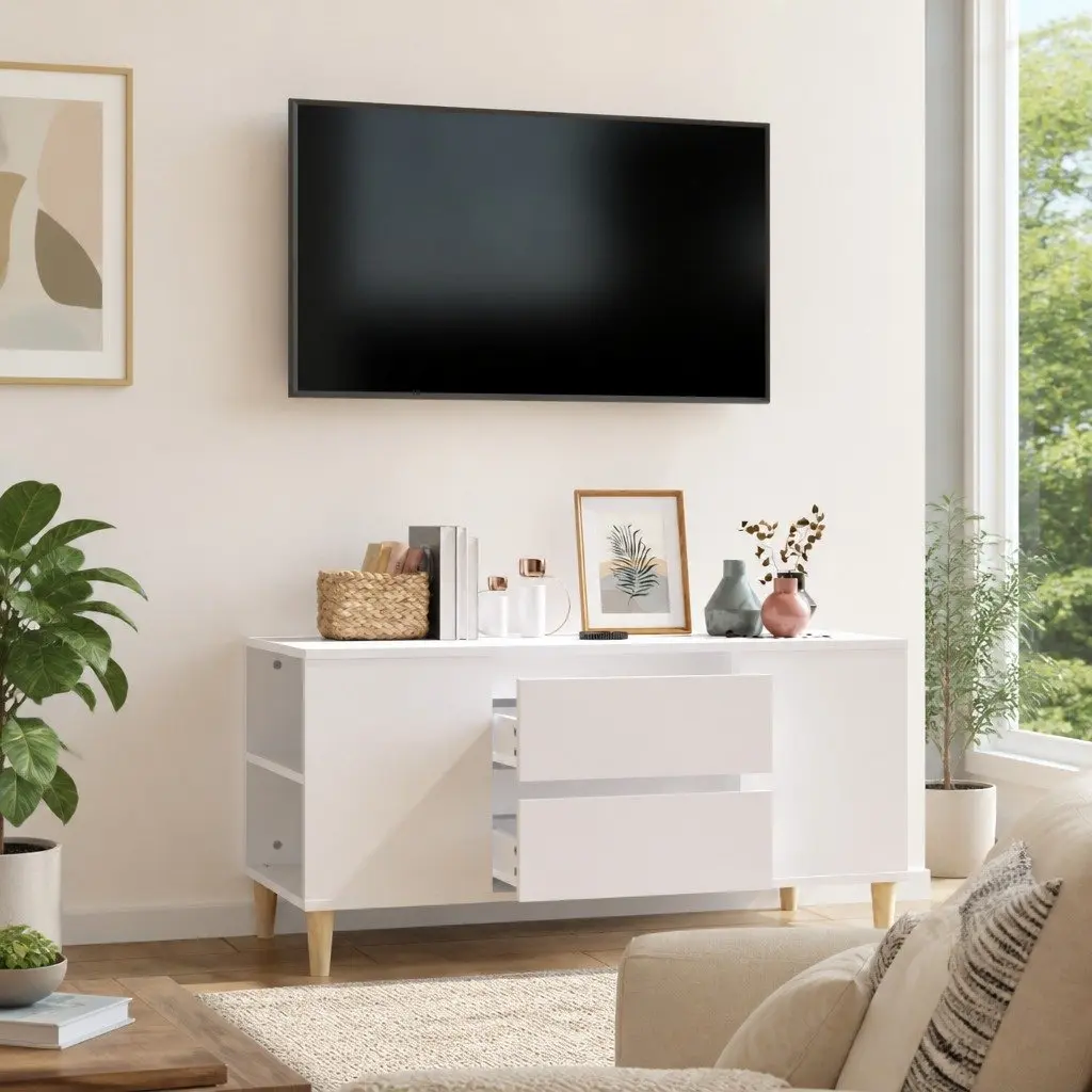 TV Cabinet White 102x44.5x50cm Engineered Wood Storage Unit Scandinavian Design
