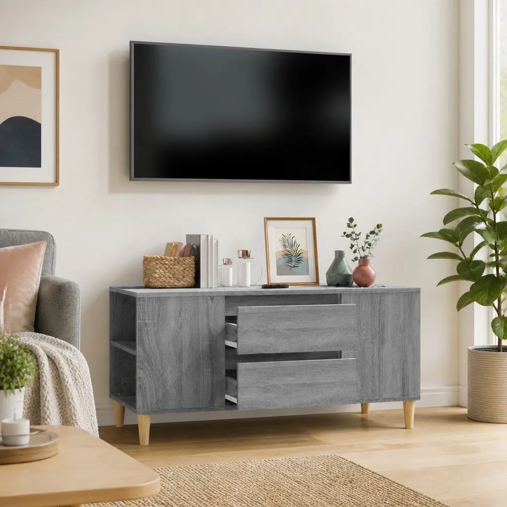 Engineered Wood TV Cabinet Grey with 4 Open Compartments and 2 Drawers 102x44.5x50cm Storage Unit
