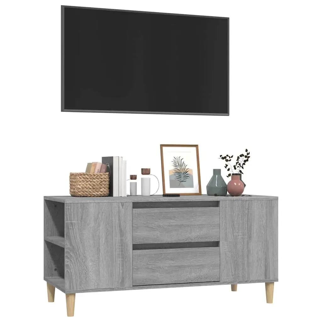 Engineered Wood TV Cabinet Grey with 4 Open Compartments and 2 Drawers 102x44.5x50cm Storage Unit