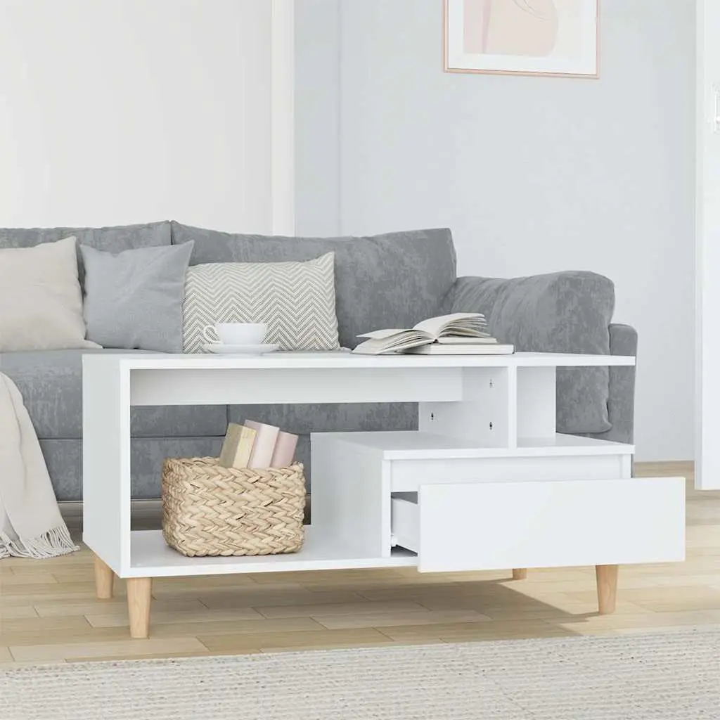 Coffee Table 90x49x45cm Engineered Wood White with Drawer and Open Storage Compartments