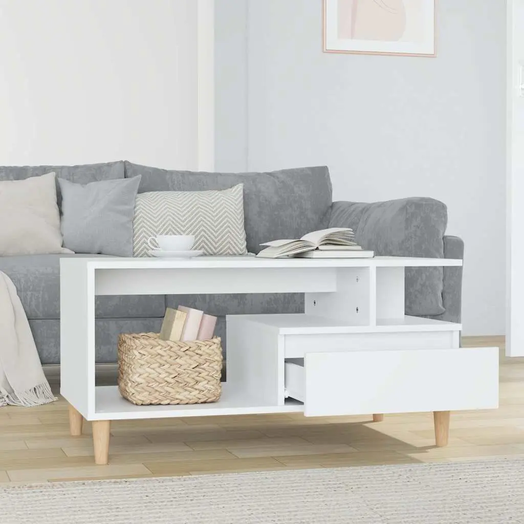Coffee Table High Gloss White Open Shelves and Drawer Storage Engineered Wood