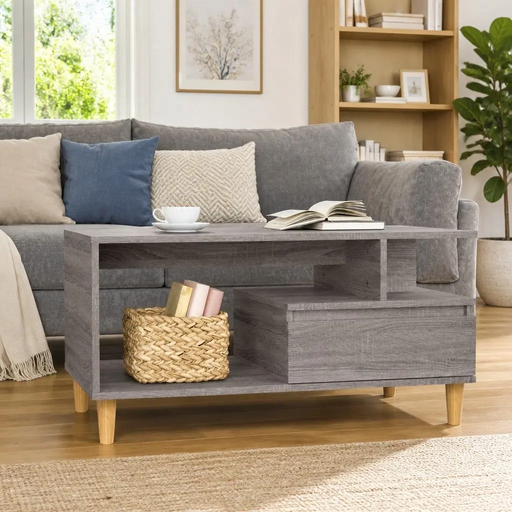 Coffee Table 90x49x45cm Grey Engineered Wood Open Compartment Drawer Storage