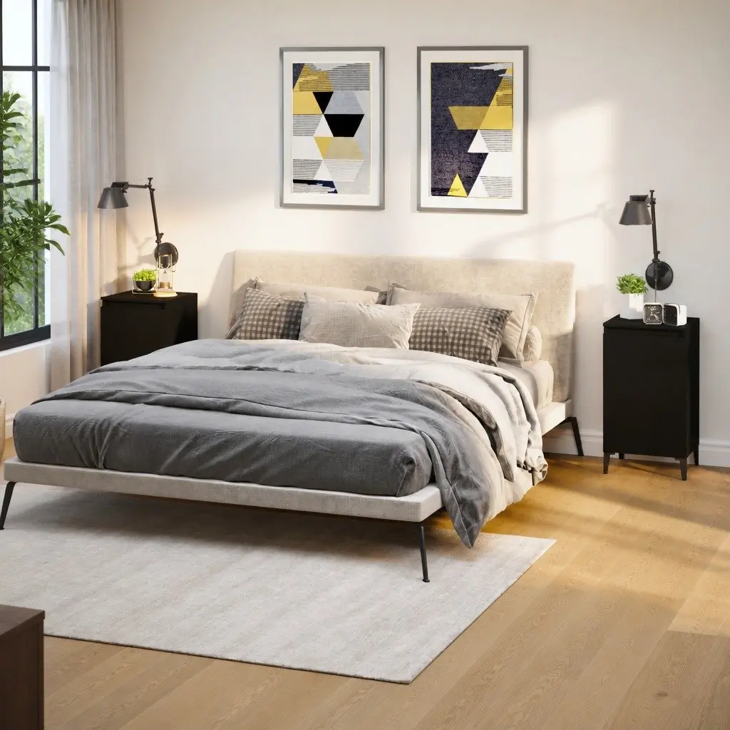 Bedside Cabinets 2 pcs Black Nightstand with Door Storage