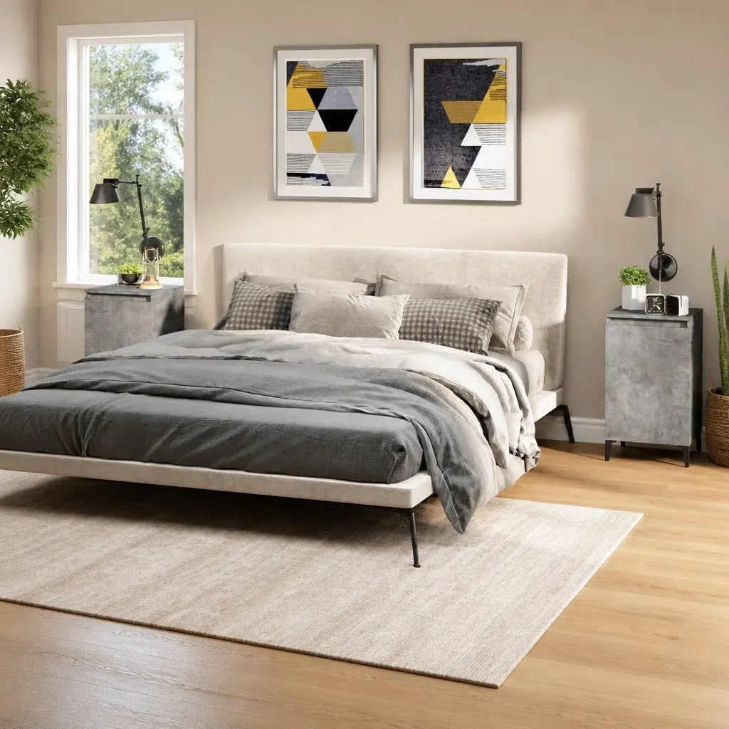 Concrete Grey Nightstands 2 Piece Bedside Cabinets with Door Engineered Wood and Metal Legs for Bedroom Storage