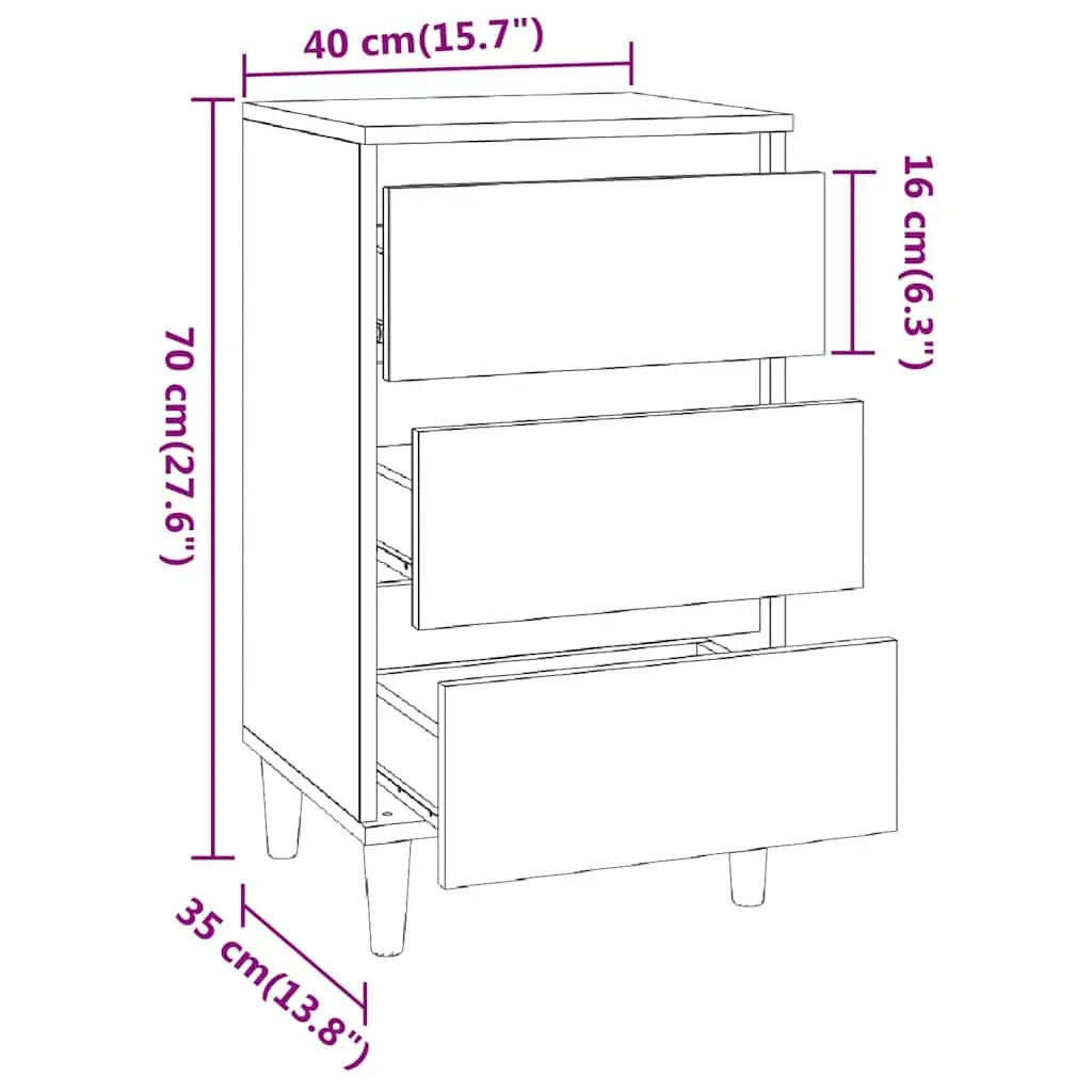 Bedside Cabinet 40x35x70cm Brown 3 Drawer Nightstand Storage
