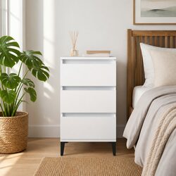 Industrial Nightstand in White with 3 Drawer Storage 40x35x70cm