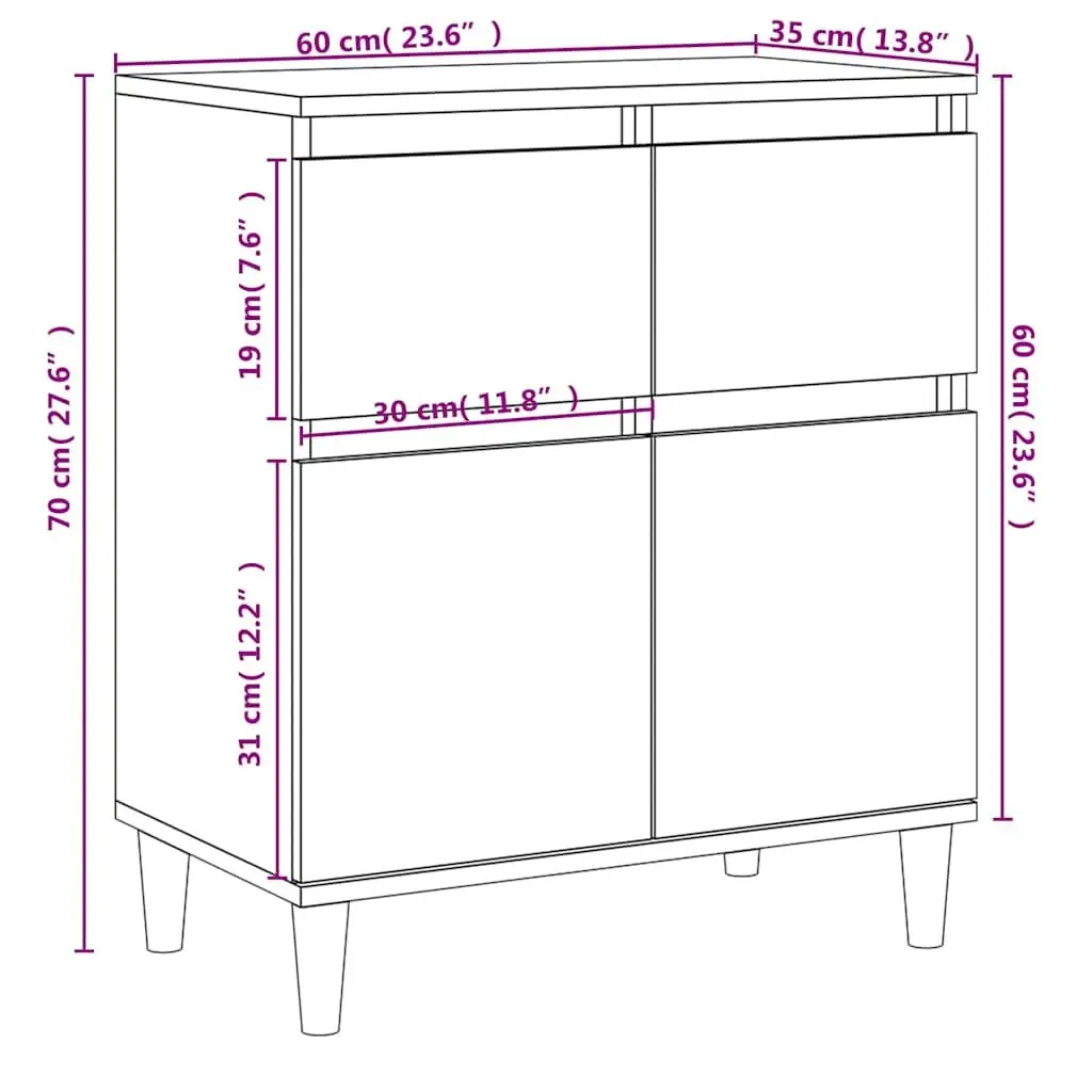 Sideboard 60x35x70cm High Gloss White Storage Cabinet with 2 Drawers and 2 Door Compartments