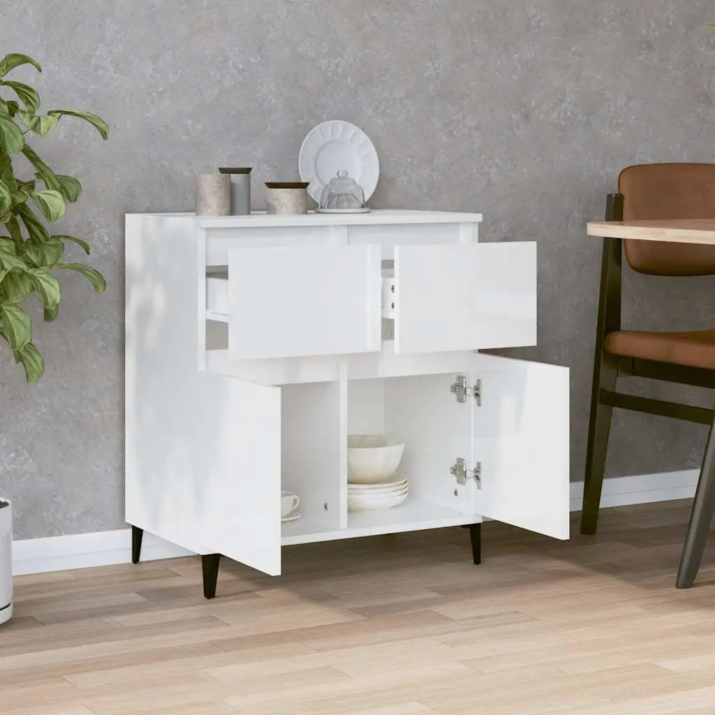 White Sideboard Storage Cabinet 60x35x70cm High Gloss Engineered Wood 2 Drawer