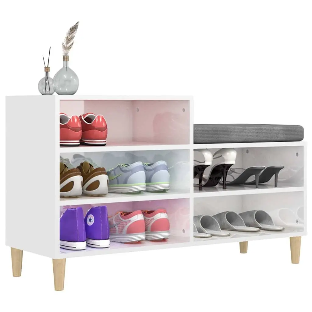 Shoe Cabinet White High Gloss 5 Compartment Storage Organiser with Wooden Legs