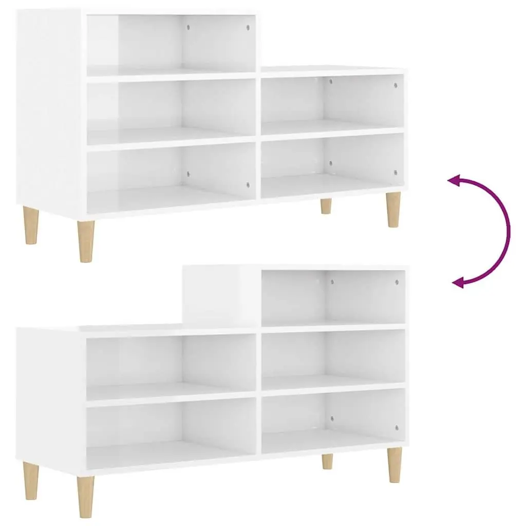 Shoe Cabinet White High Gloss 5 Compartment Storage Organiser with Wooden Legs