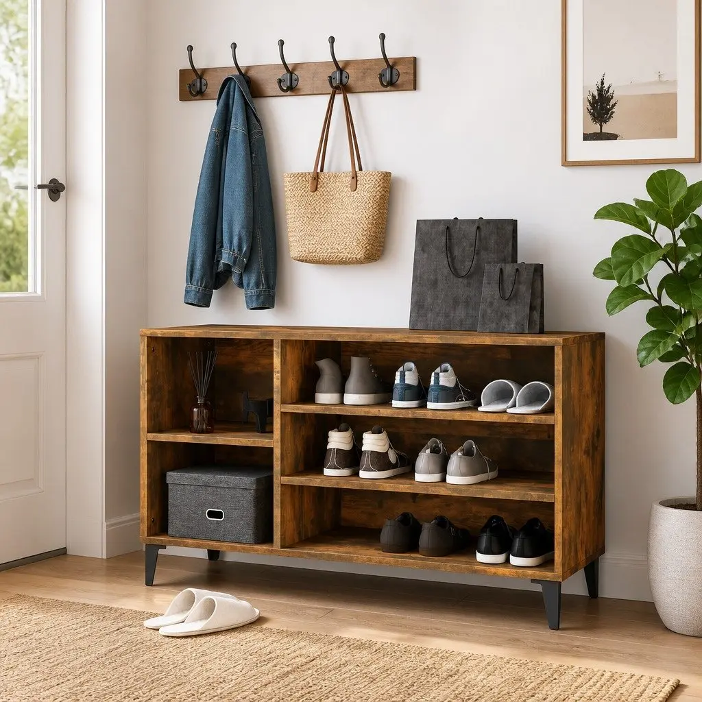 Shoe Storage Organizer Engineered Wood Brown Multiple Compartments 102x36x60cm