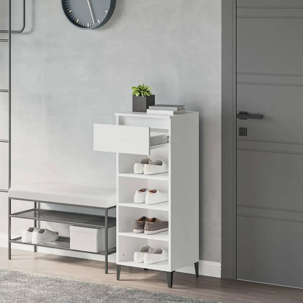 Shoe Rack 40x36x105cm White Engineered Wood Storage Cabinet with Drawer and Shelves