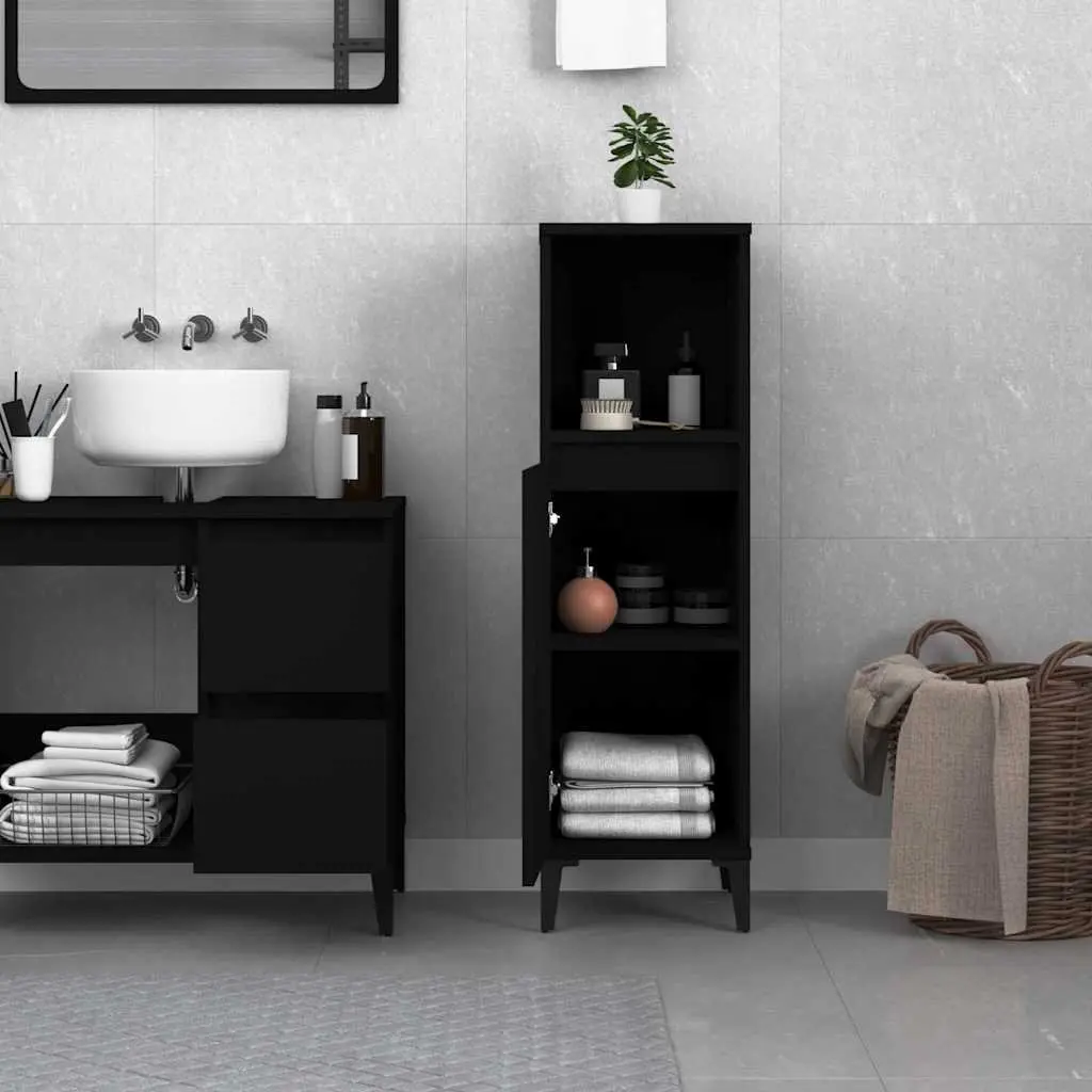 Bathroom Vanity Cabinet 30x30x100cm Black Engineered Wood Storage Unit with 1 Open Compartment and 2 Door Compartments