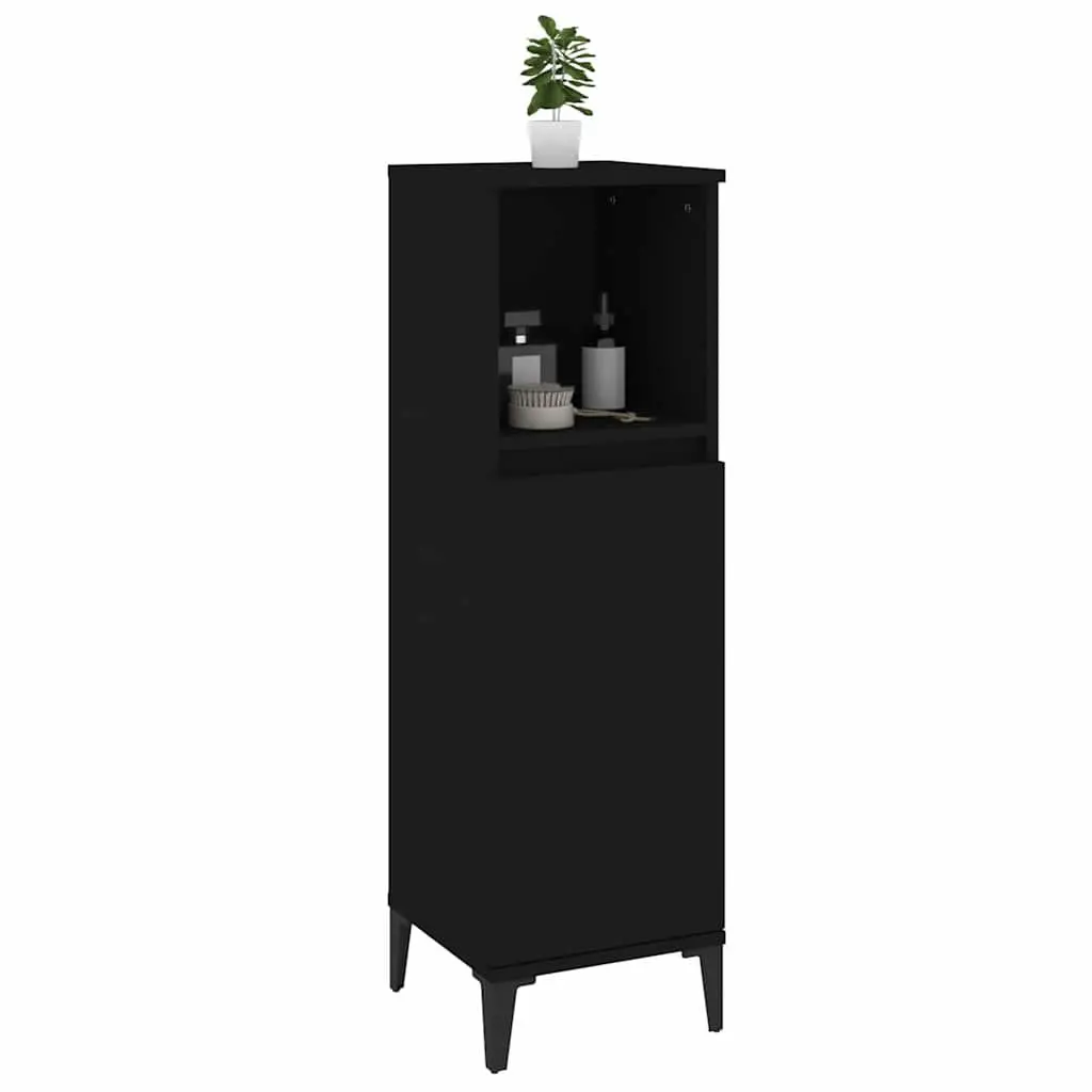Bathroom Vanity Cabinet 30x30x100cm Black Engineered Wood Storage Unit with 1 Open Compartment and 2 Door Compartments
