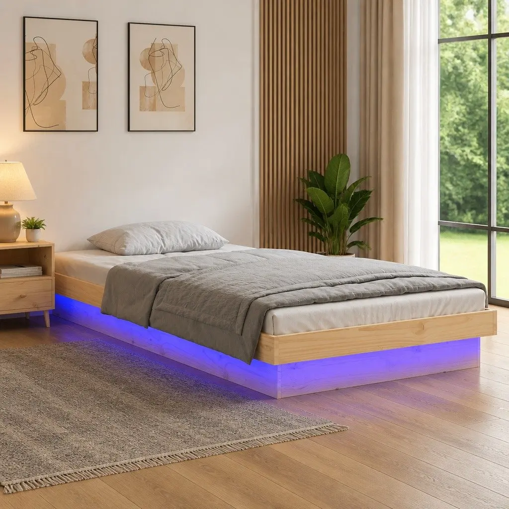 Solid Wood Bed Frame 90x190 cm Brown LED Lights Remote Control
