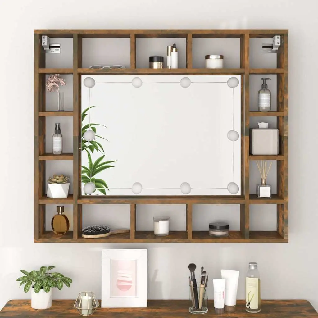 Bathroom Vanity Mirror Cabinet 91cm Wall-Mounted LED Lights Brown