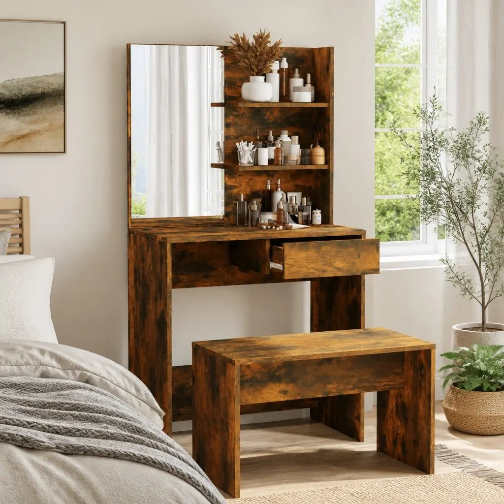 Dressing Table 74.5cm Smoked Oak Brown Vanity Makeup Desk with Mirror Storage Drawer