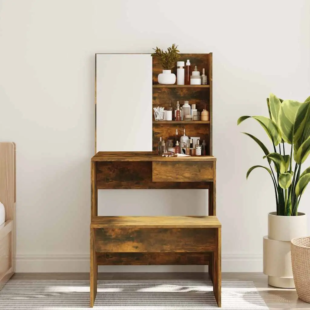 Dressing Table 74.5cm Smoked Oak Brown Vanity Makeup Desk with Mirror Storage Drawer