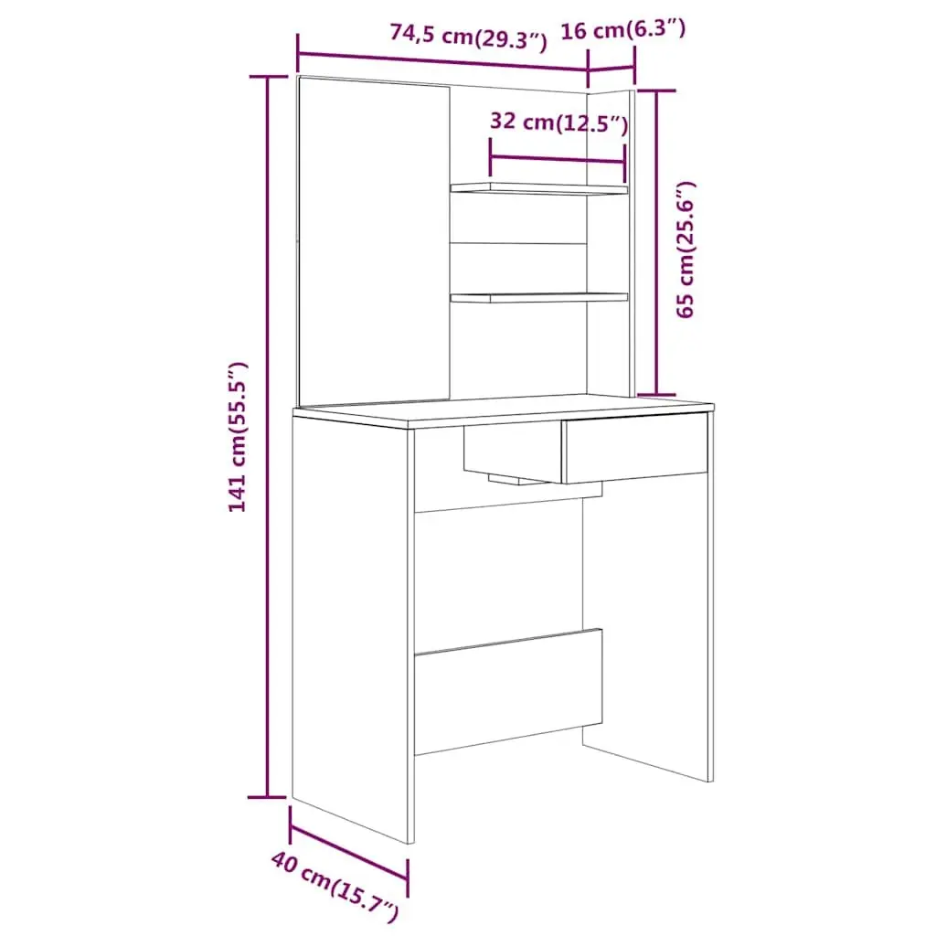 Dressing Table 74.5cm Smoked Oak Brown Vanity Makeup Desk with Mirror Storage Drawer