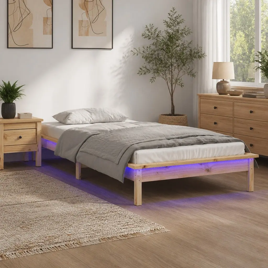 Solid Wood Bed Frame 90x190 cm LED Integrated Slatted Base Brown