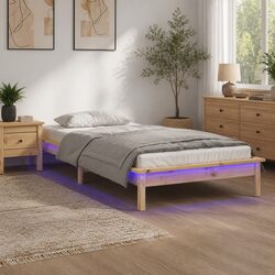 Solid Wood LED Bed Frame 90x190 cm Wooden Bedroom Furniture Brown Slatted Base