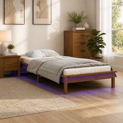Honey Brown LED Bed Frame 90x190 cm for Cozy Bedrooms