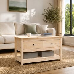 Coffee Table Brown Solid Pine Wood with Storage Drawers Open Shelf 102x49x55cm