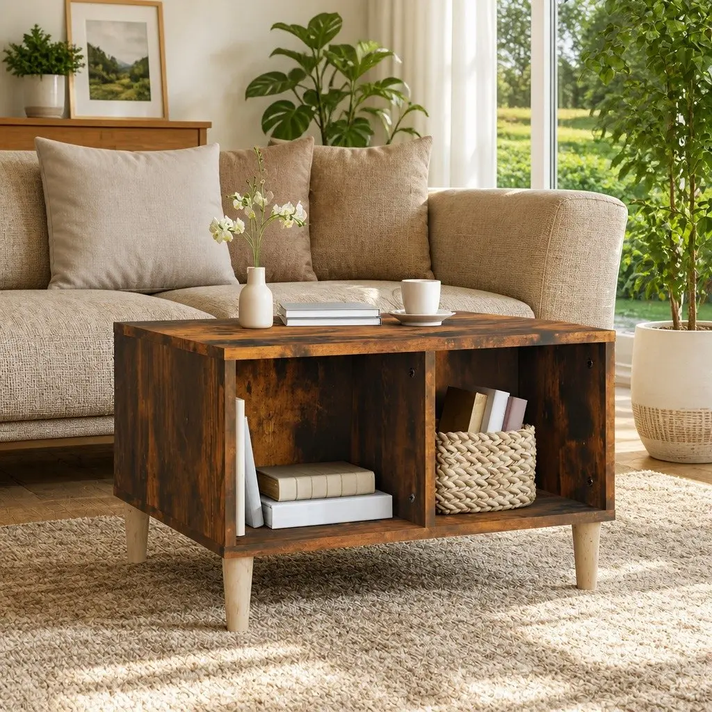 Coffee Table 60cm Smoked Oak 4 Open Storage Compartments Scandinavian Style