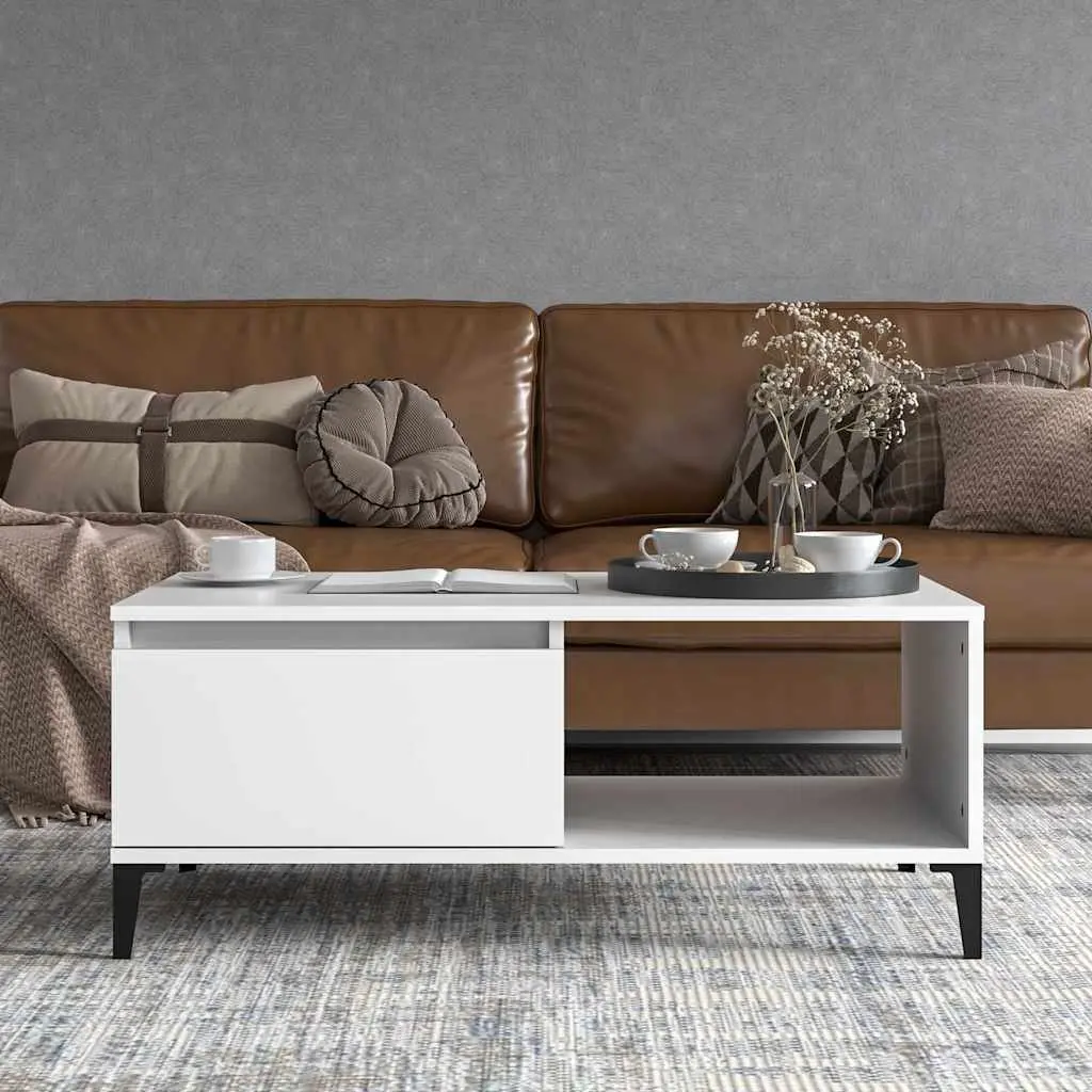 Coffee Table White Engineered Wood Storage Drawer Open Compartment