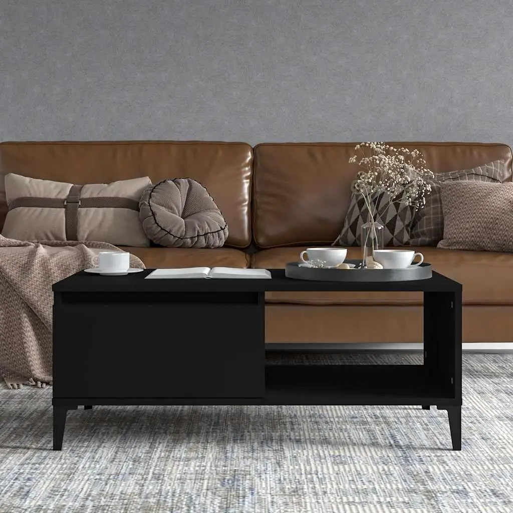 Coffee Table Black Industrial Storage 1 Drawer Open Compartment Side End Table