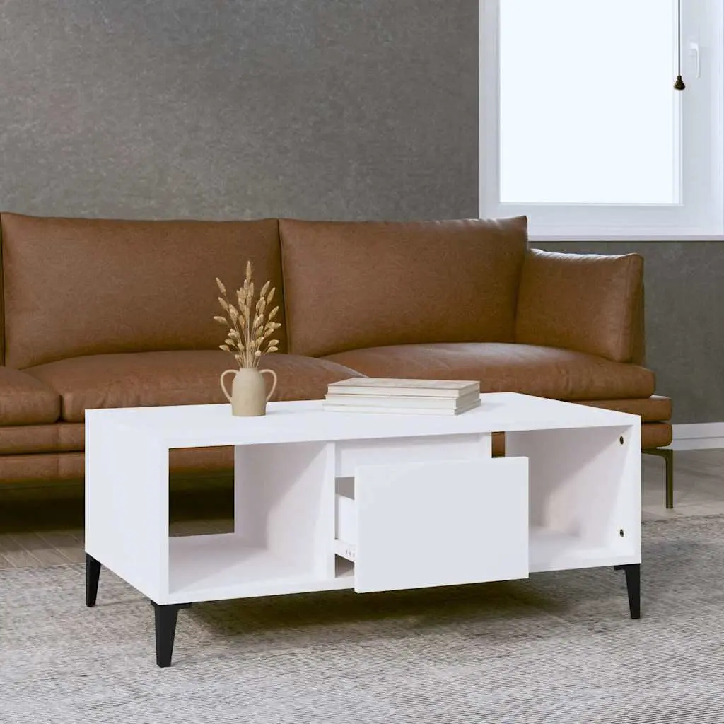 White Engineered Wood Coffee Table with Open Compartments and Storage Drawer 90L x 50W x 36.5H cm