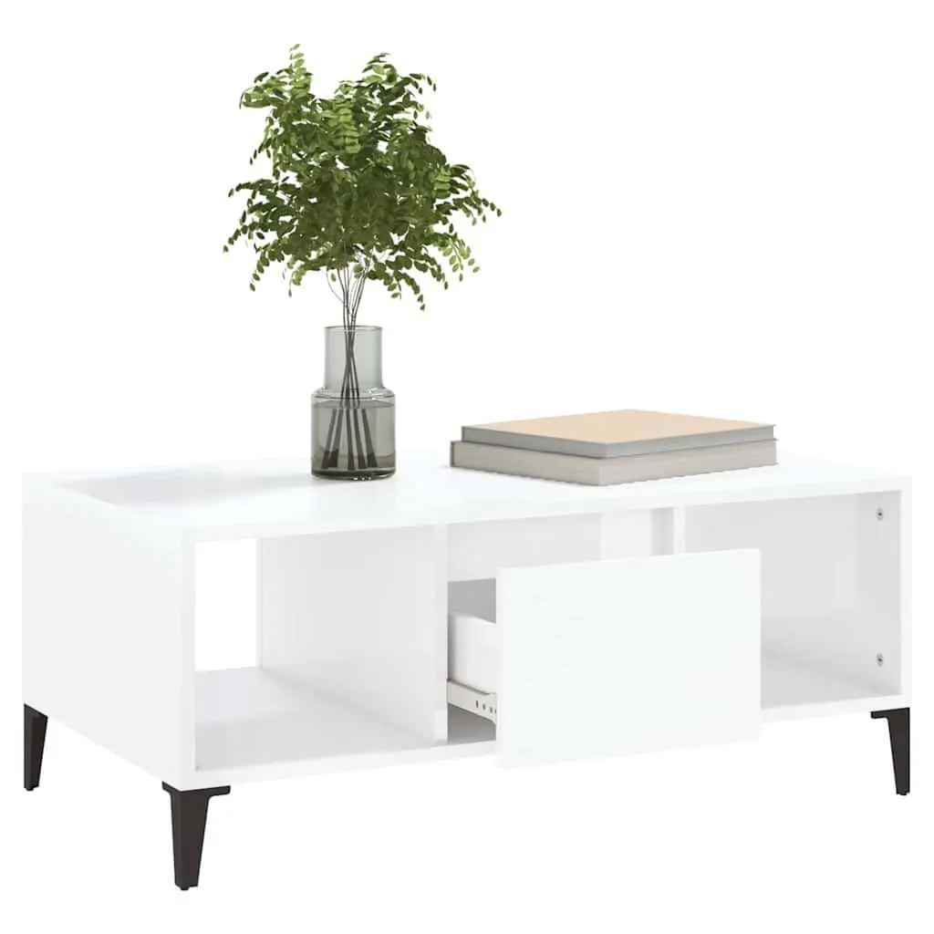 Coffee Table High Gloss White 1 Drawer 2 Open Compartments Storage Side Table