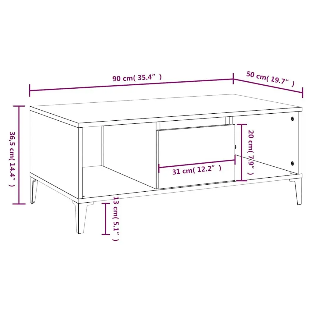 Coffee Table High Gloss White 1 Drawer 2 Open Compartments Storage Side Table