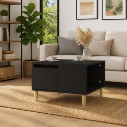 Coffee Table Black 55x55x36.5cm Open Compartment Drawer Storage Living Room