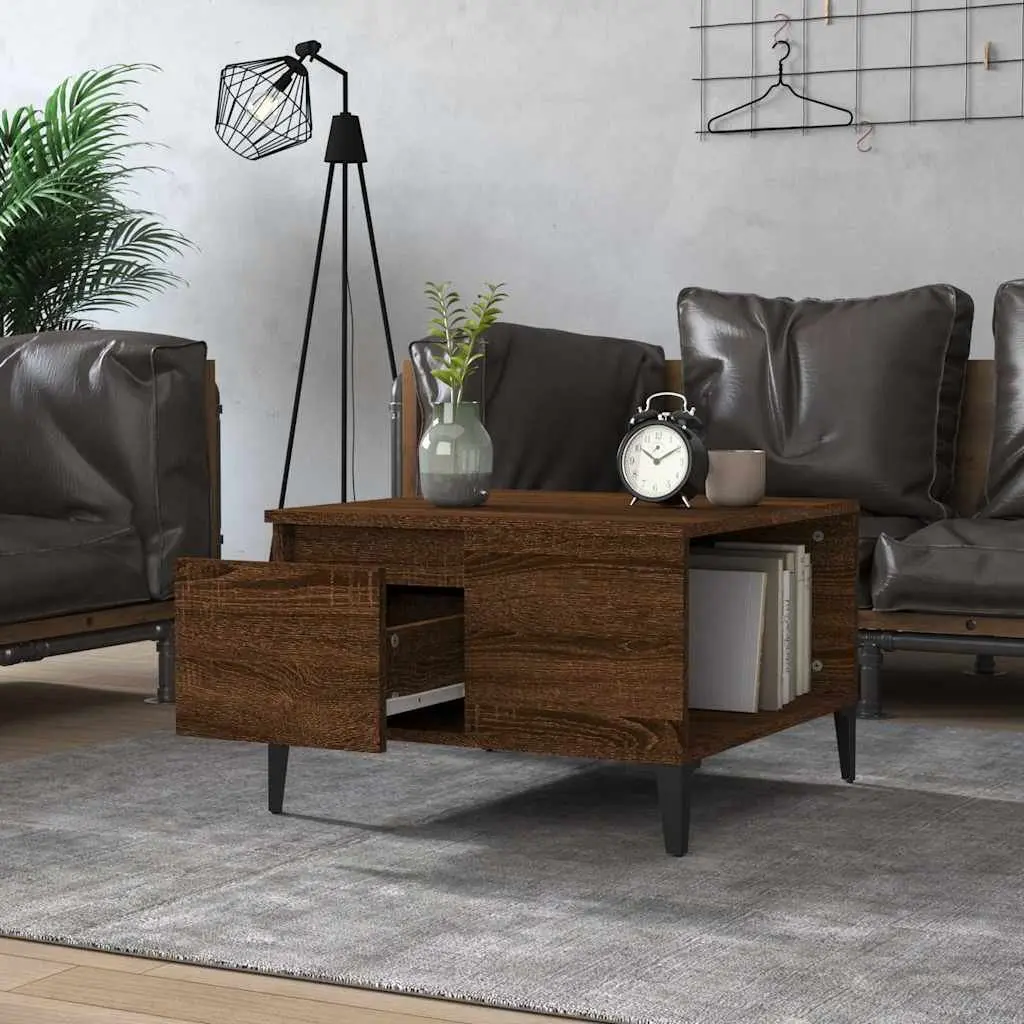 Coffee Table 55x55x36.5 cm Brown Oak with Storage Drawer Open Compartment