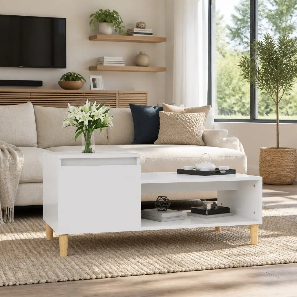 Coffee Table High Gloss White Storage Compartment Living Room Accent