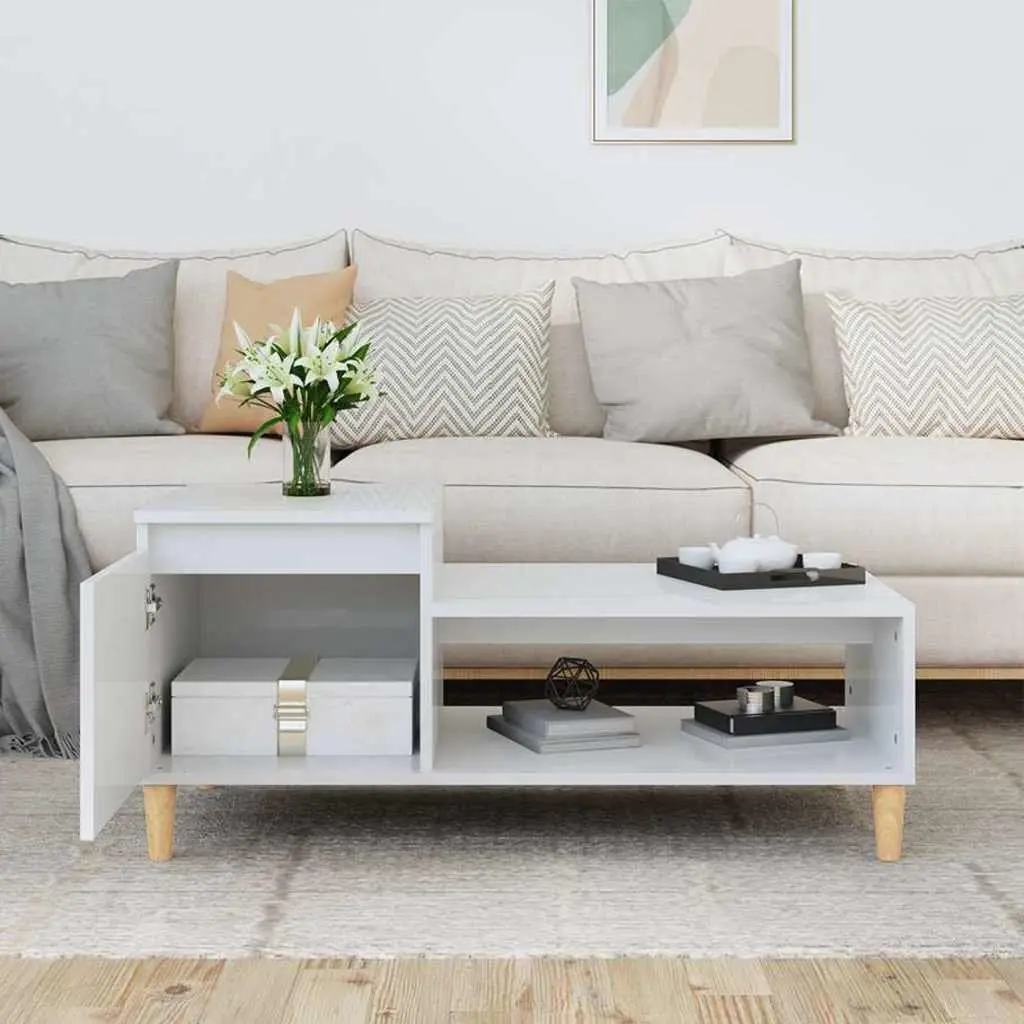 Coffee Table High Gloss White Storage Compartment Living Room Accent