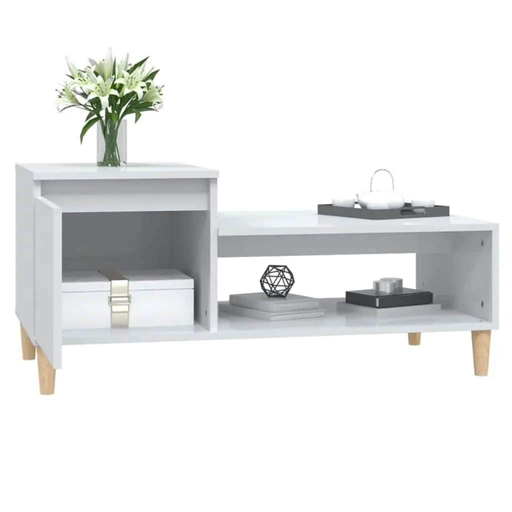 Coffee Table High Gloss White Storage Compartment Living Room Accent