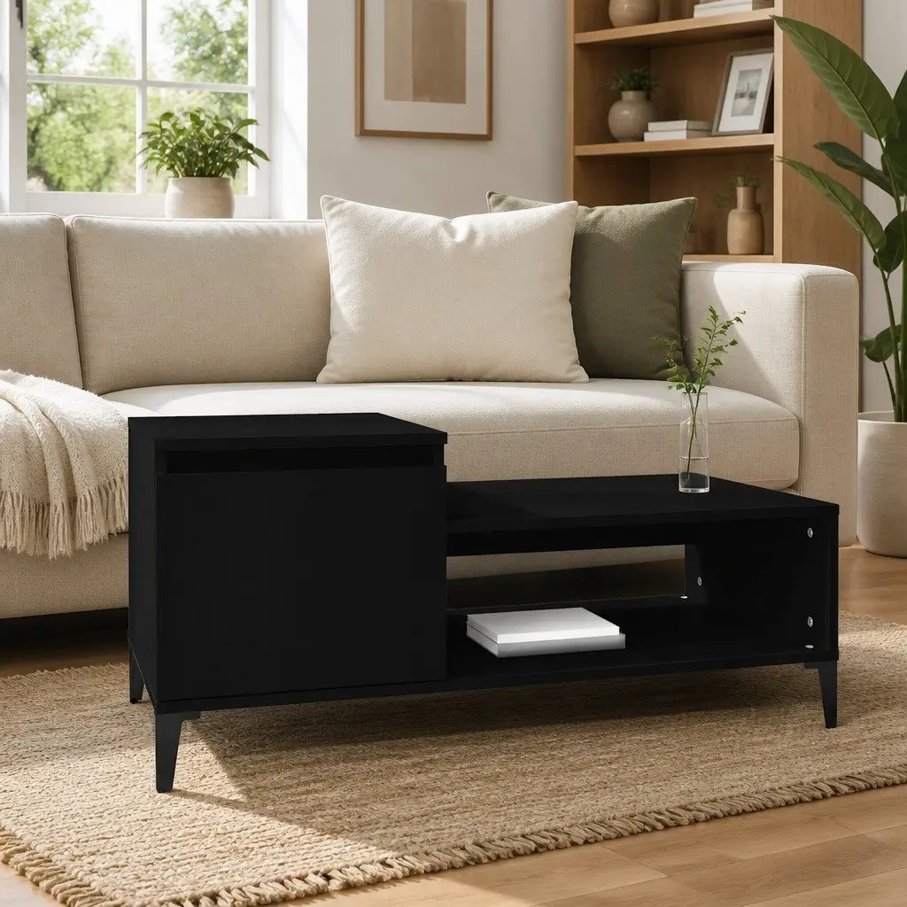 Coffee Table Black Engineered Wood Storage Compartment Shelf Living Room Accent