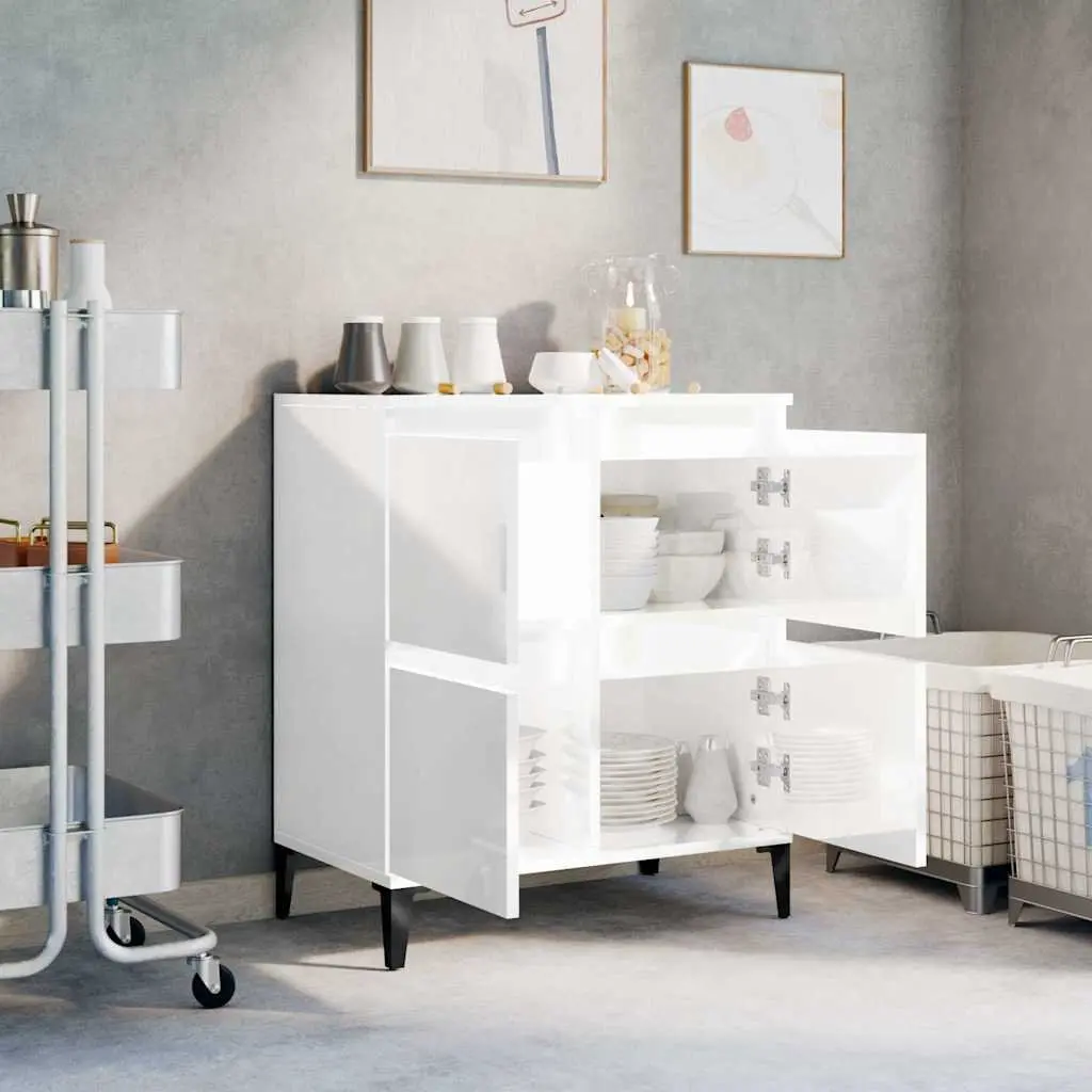 White High Gloss Sideboard Storage Cabinet Engineered Wood Buffet Furniture 60W x 35D x 70H cm
