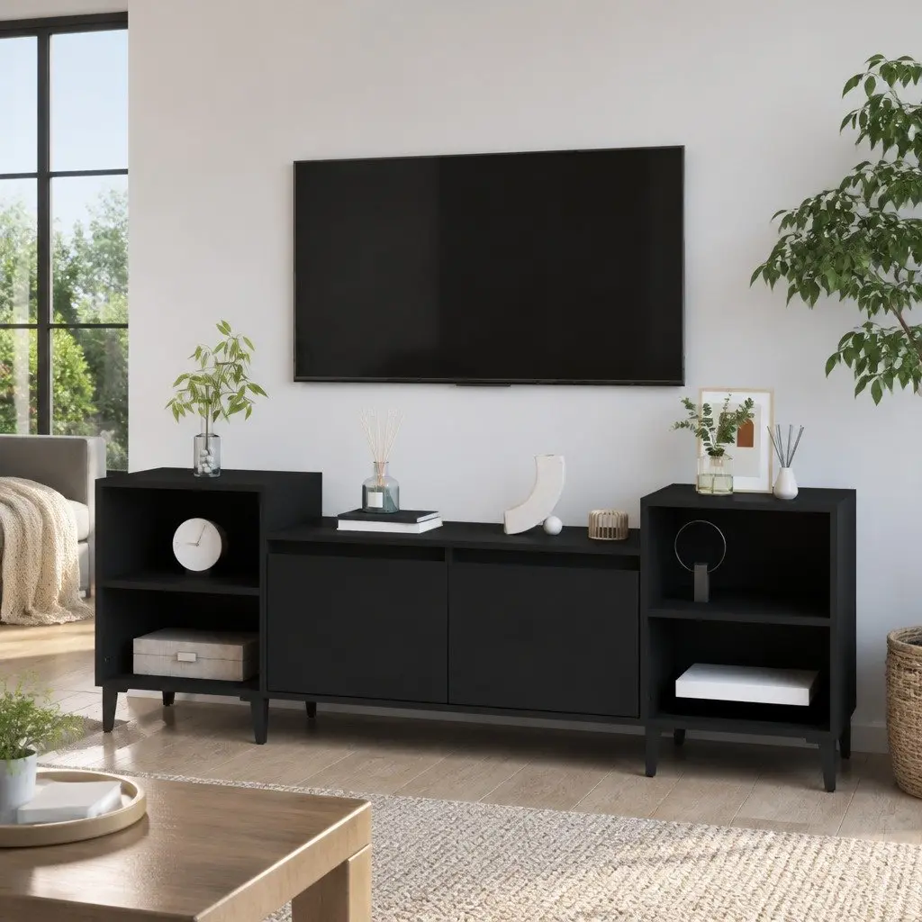 TV Cabinet Black 160x35x55cm Media Entertainment Unit 6 Compartments